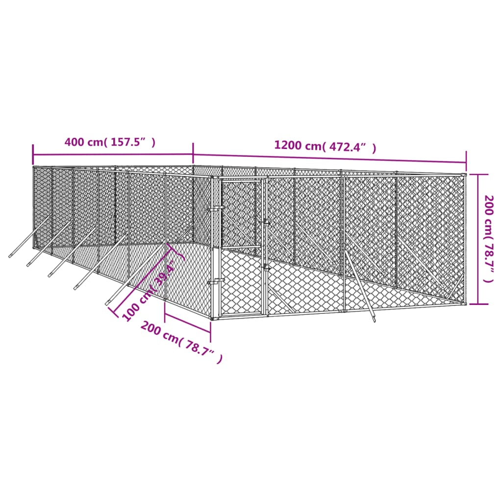 Hondenkennel voor buiten 4x16x2 m gegalvaniseerd staal zilver