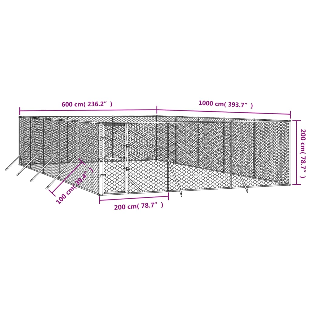 Hondenkennel voor buiten 4x16x2 m gegalvaniseerd staal zilver