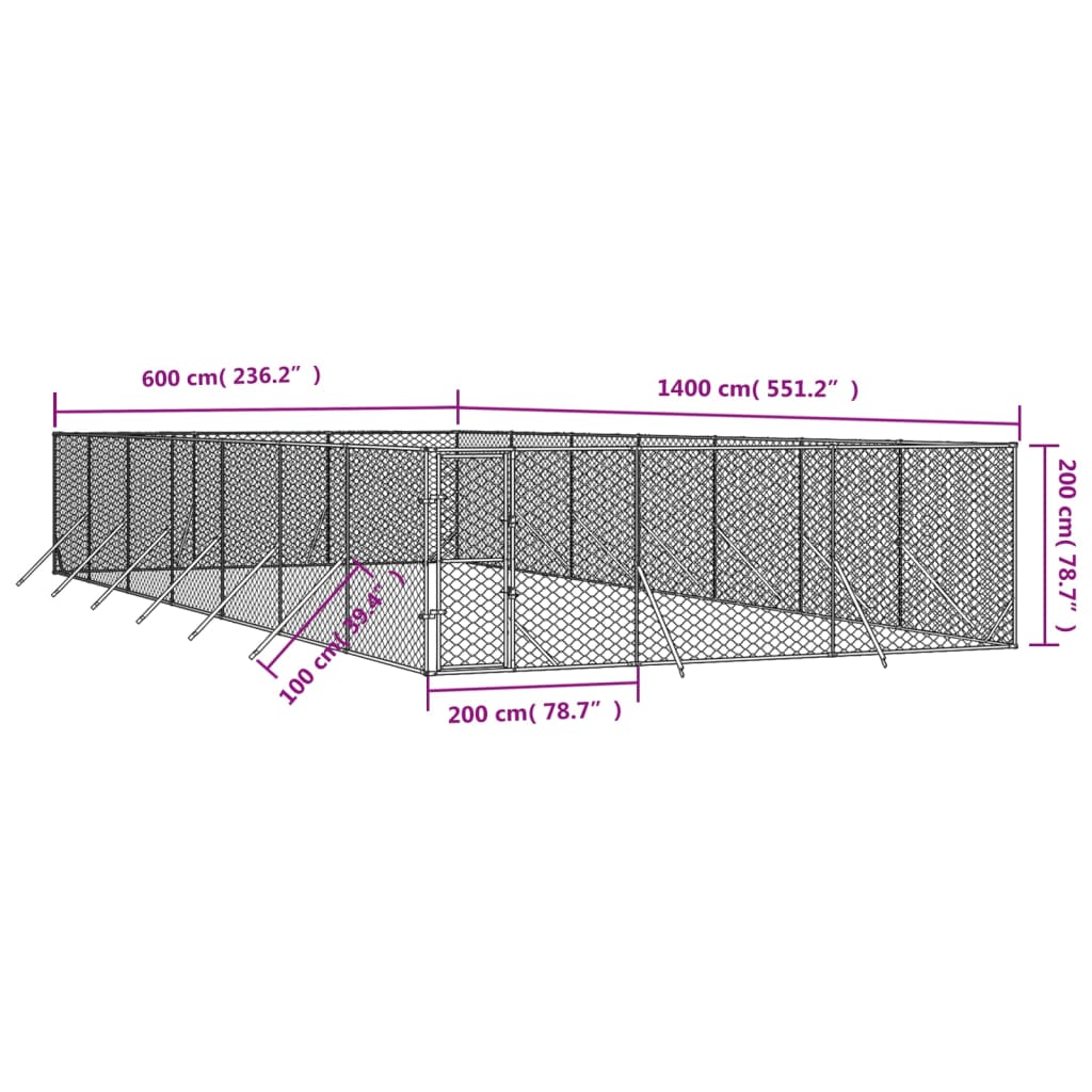 Hondenkennel voor buiten 4x16x2 m gegalvaniseerd staal zilver