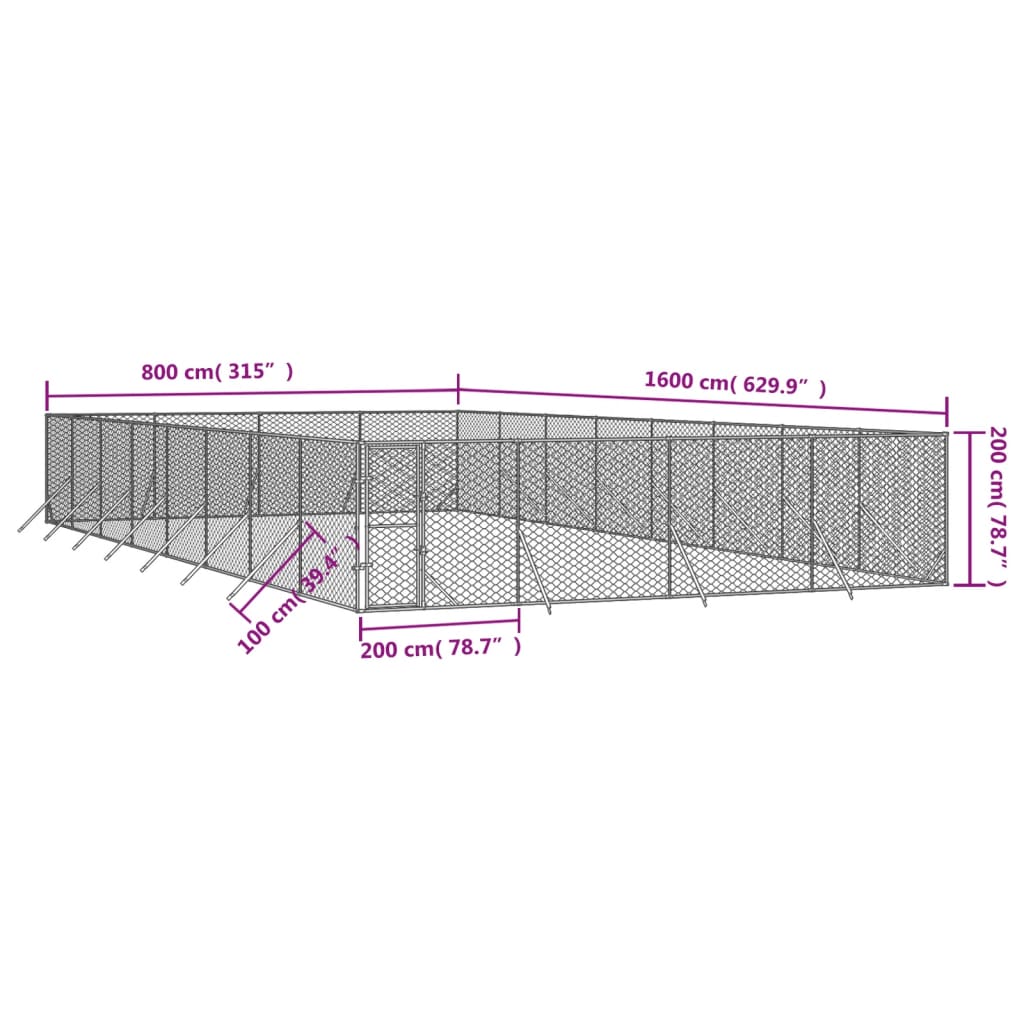 Hondenkennel voor buiten 4x16x2 m gegalvaniseerd staal zilver