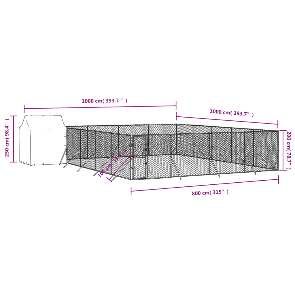 Hondenkennel met dak 10x6x2,5 m gegalvaniseerd staal zilver