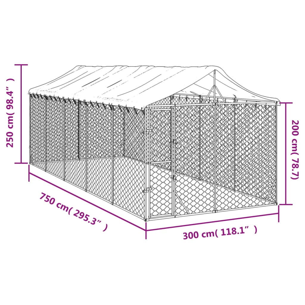 Niche pour chien avec toit 3x7,5x2,5 m en acier galvanisé argent