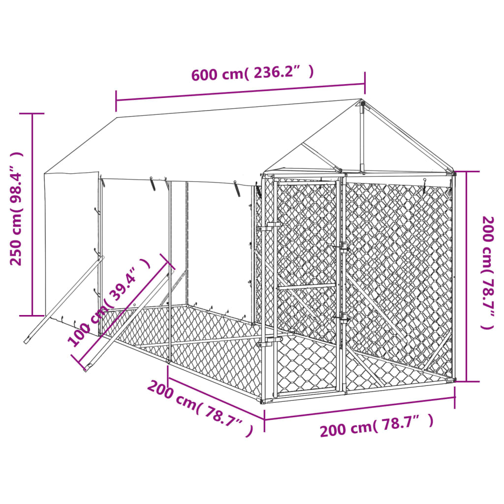 Hondenkennel met dak 2x14x2,5 m gegalvaniseerd staal zilver