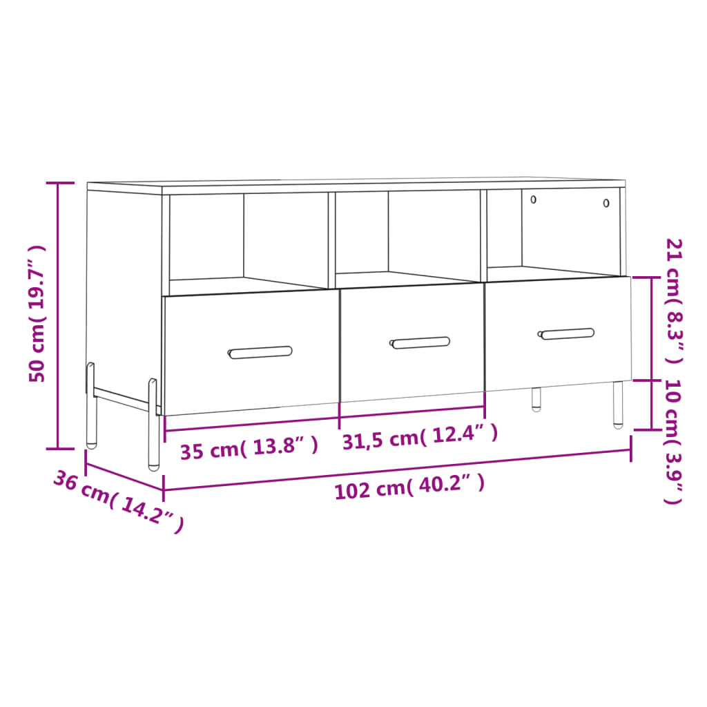 Meuble TV 102x36x50 cm ouvré en bois couleur chêne