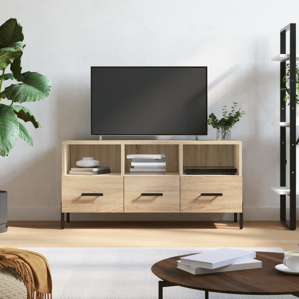 Meuble TV 102x36x50 cm ouvré en bois couleur chêne