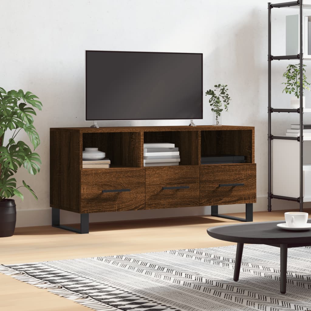 Meuble TV 102x36x50 cm ouvré en bois couleur chêne