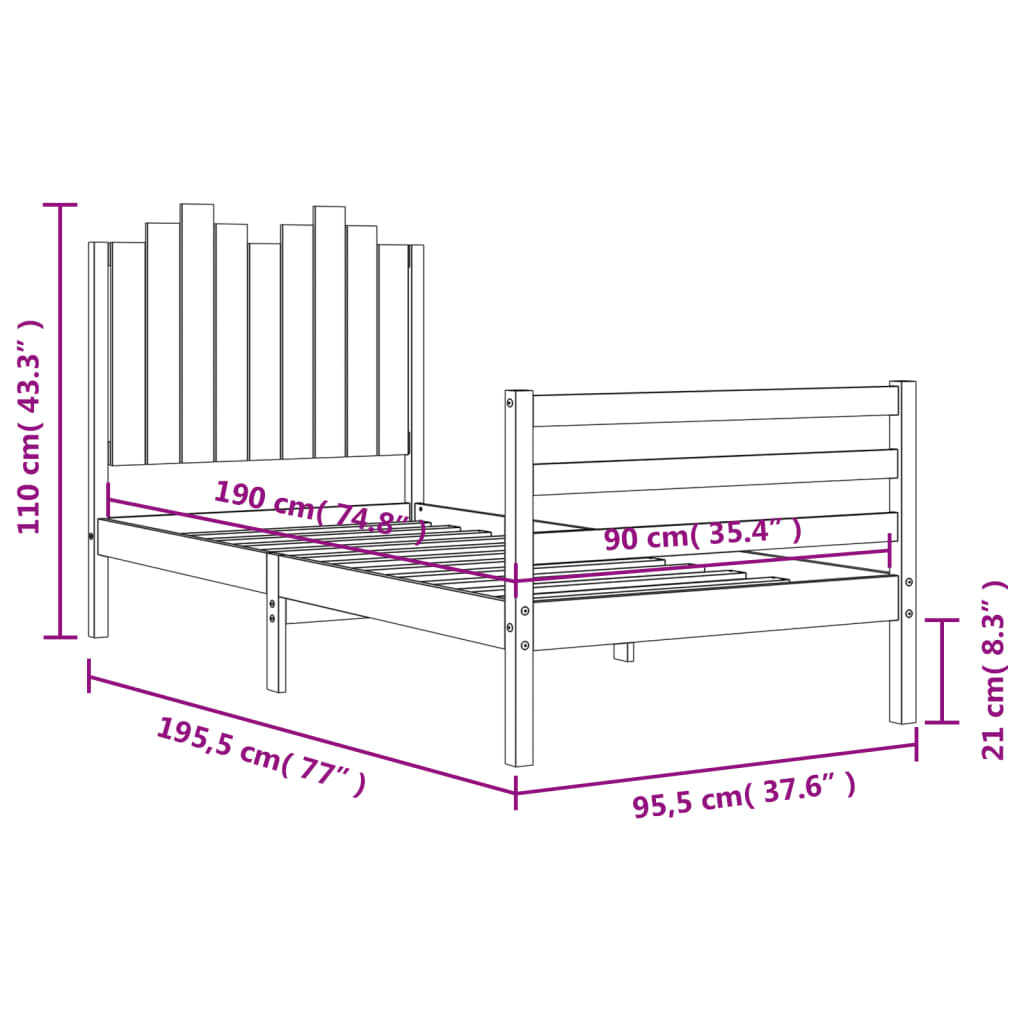 Bedframe met hoofdbord massief hout wit 100x200 cm