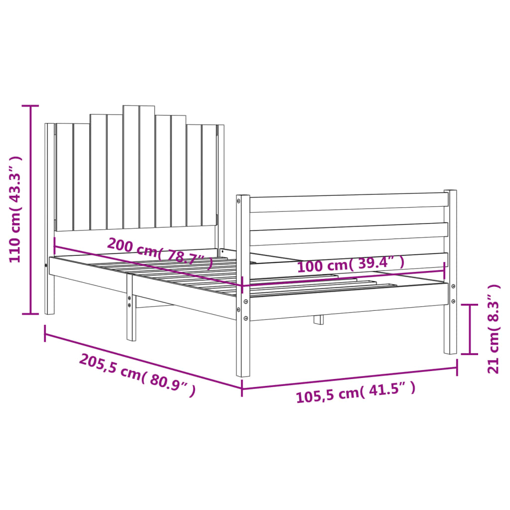 Bedframe met hoofdbord massief hout wit 100x200 cm