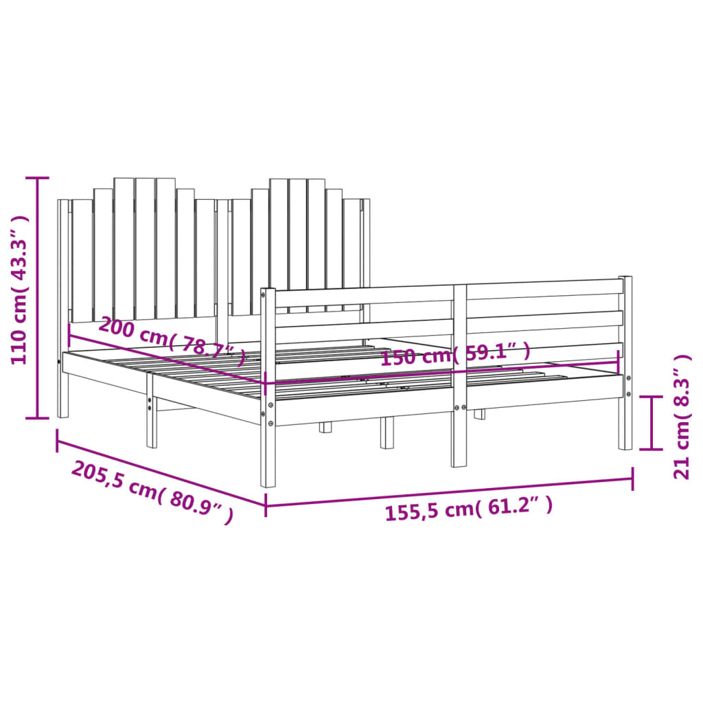 Bedframe met hoofdbord massief hout wit 100x200 cm