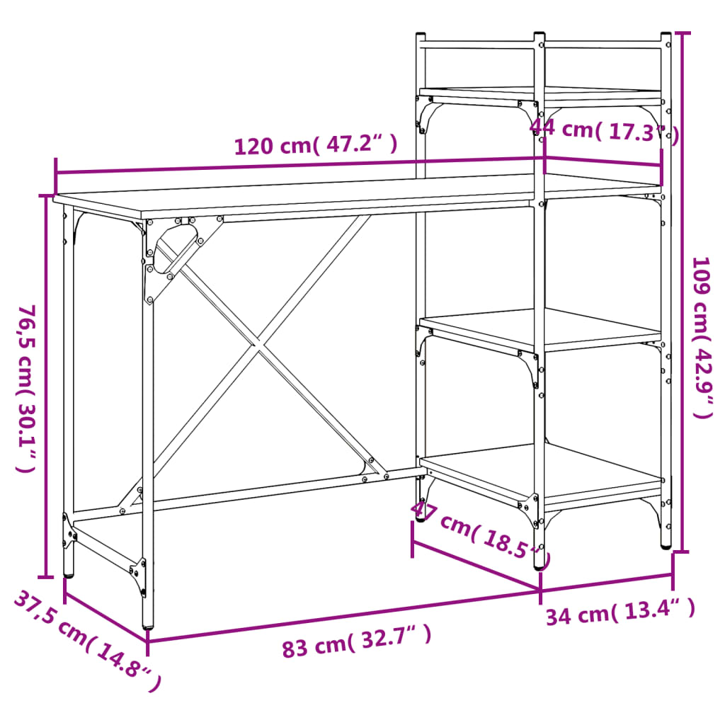 Computerbureau met schappen 120x47x109 cm