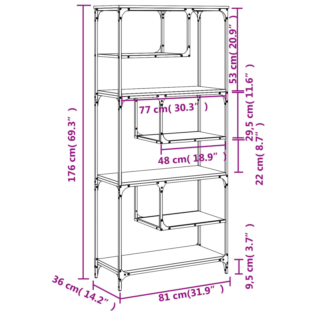 Bibliothèque 81x36x176 cm en bois travaillé