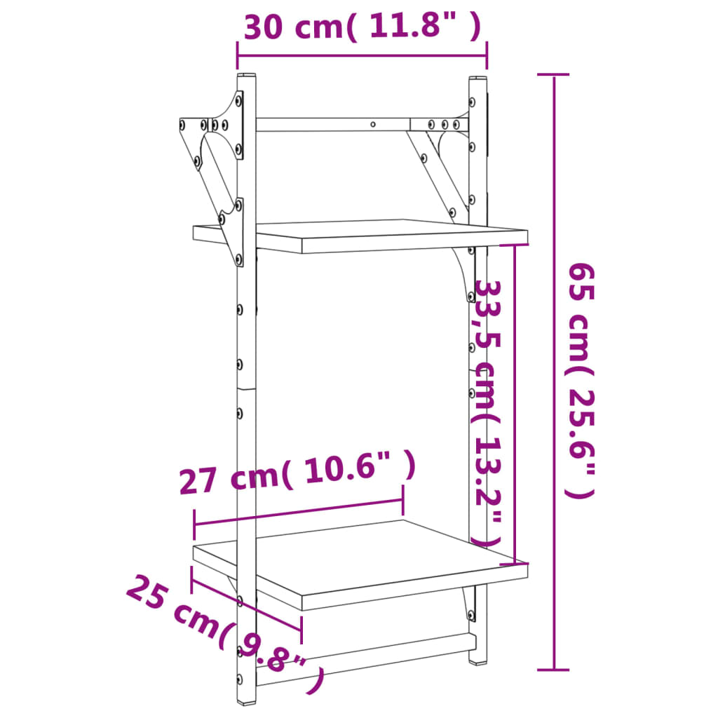 Wandschappen 2-laags met stangen 2 st 30x25x65 cm