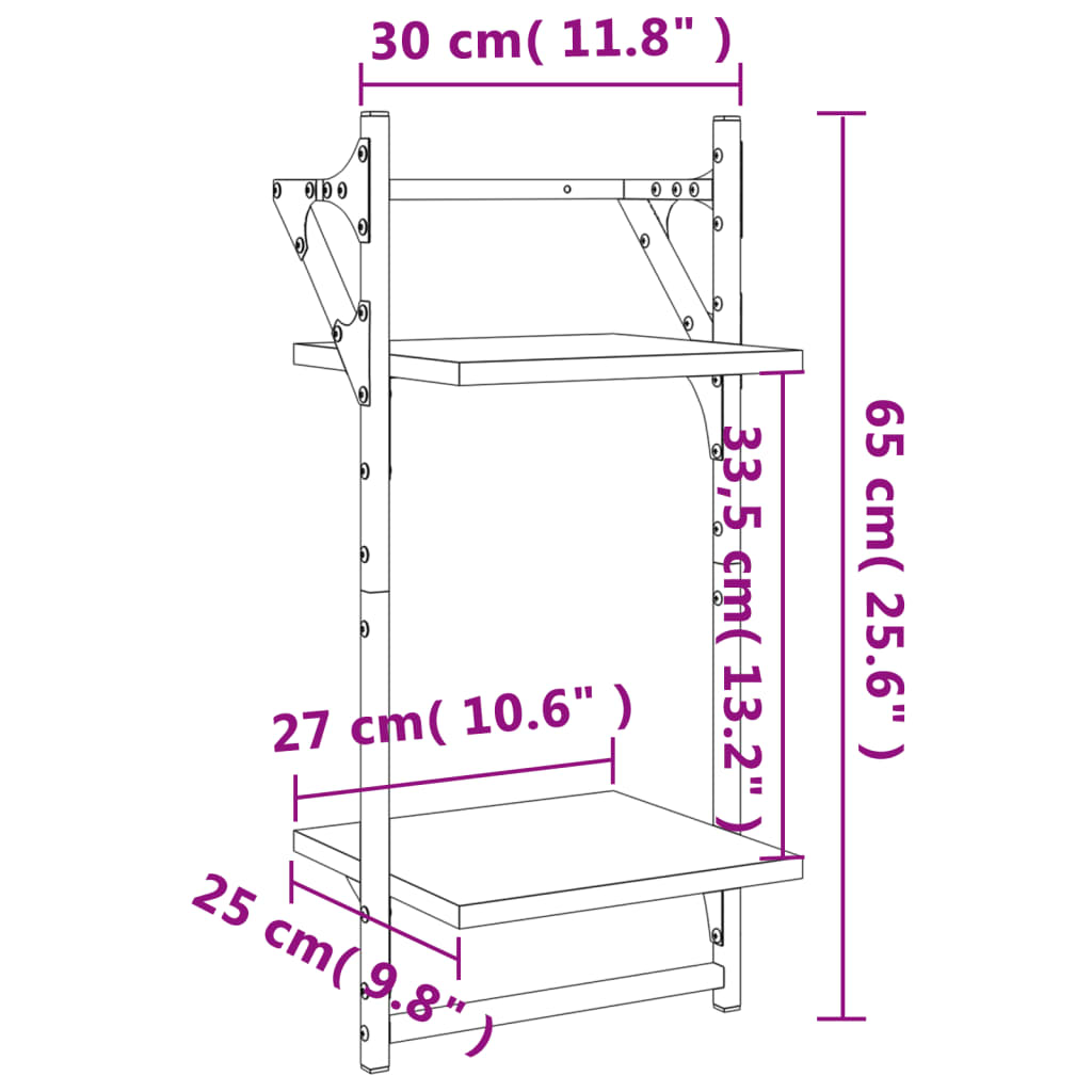 Wandschappen 2-laags met stangen 2 st 30x25x65 cm