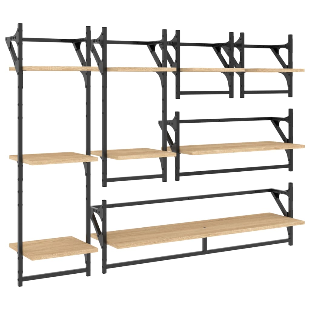 6-delige Wandschappenset met stangen bewerkt hout
