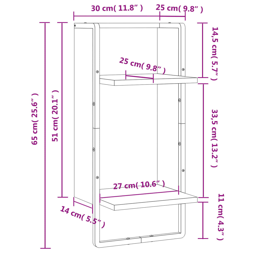 Etagère murale avec tige 30x25x65 cm couleur chêne