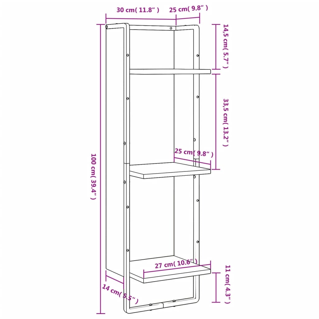 Etagère murale avec tige 30x25x65 cm couleur chêne