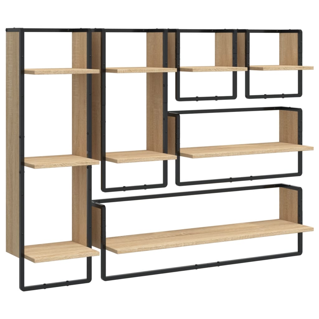 6-delige Wandschappenset met stangen bewerkt hout