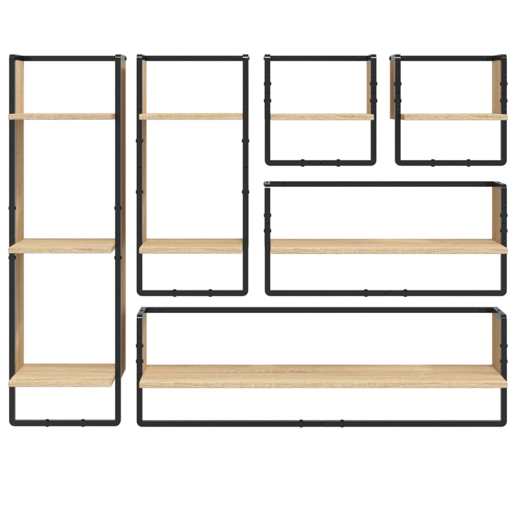 6-delige Wandschappenset met stangen bewerkt hout