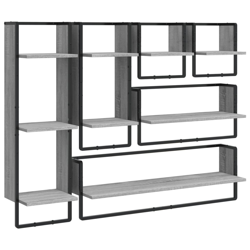 6-delige Wandschappenset met stangen bewerkt hout