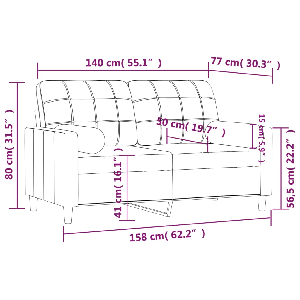 Canapé deux places avec coussins décoratifs 120 cm en tissu