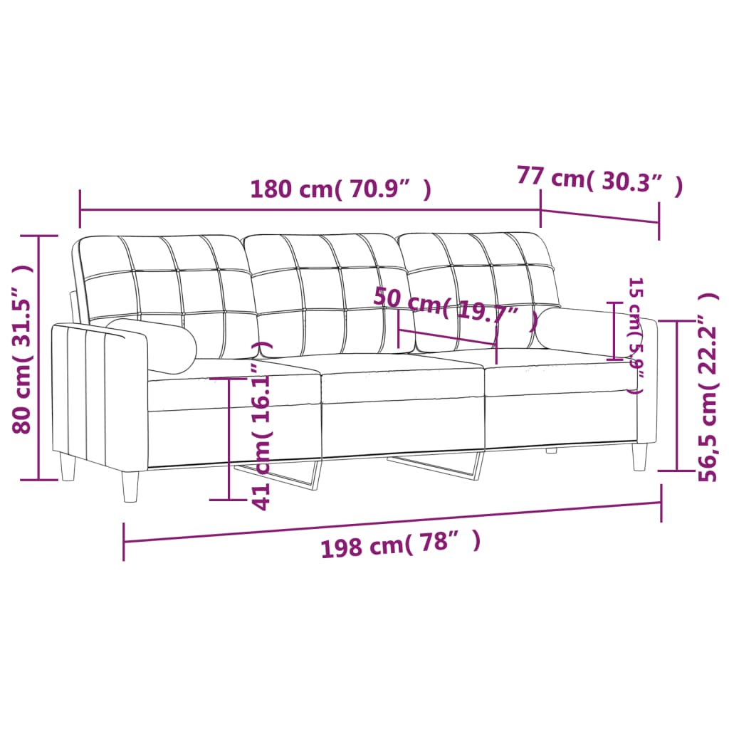 Canapé trois places avec coussins décoratifs, tissu 180 cm, crème