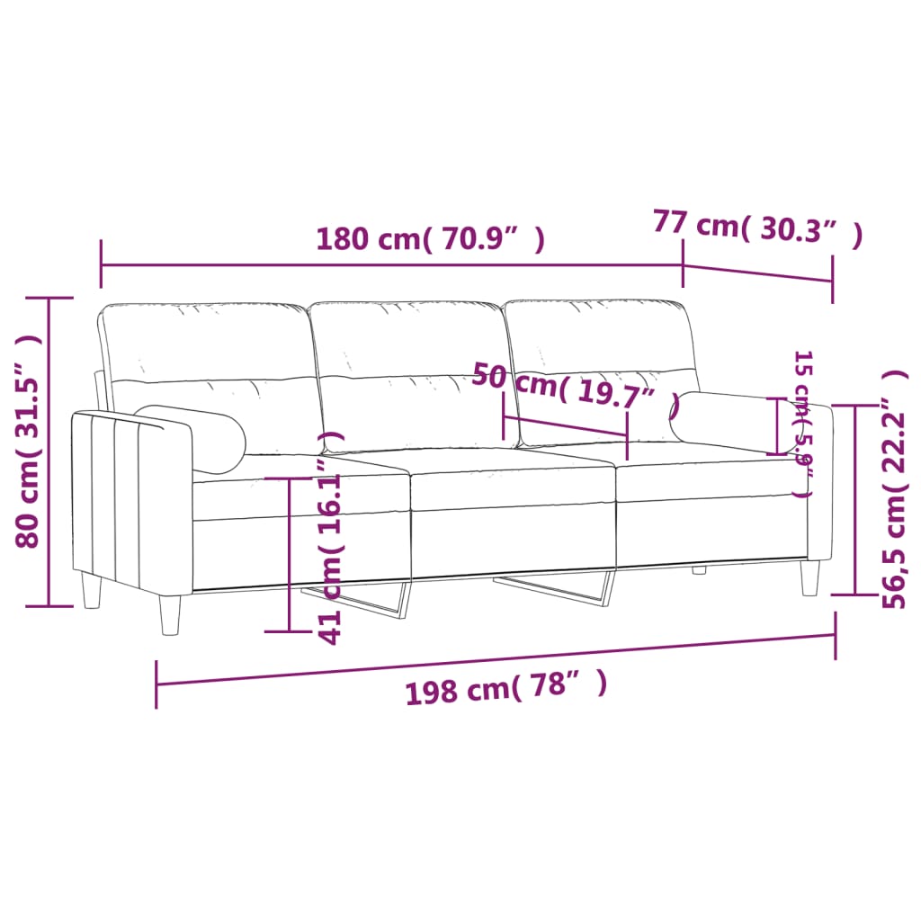 Canapé trois places avec coussins décoratifs 180 cm en tissu