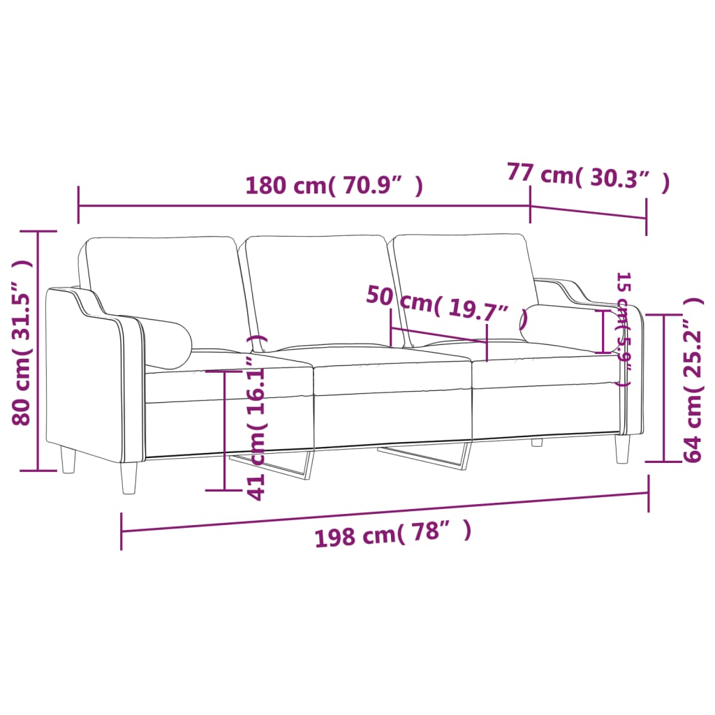 Driezitsbank met sierkussens 180 cm stof