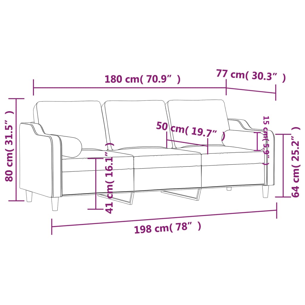 Driezitsbank met sierkussens 180 cm stof