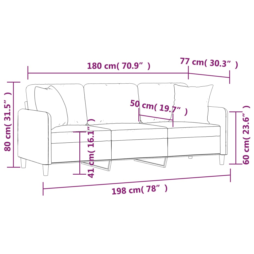 Canapé trois places avec coussins décoratifs 180 cm en tissu