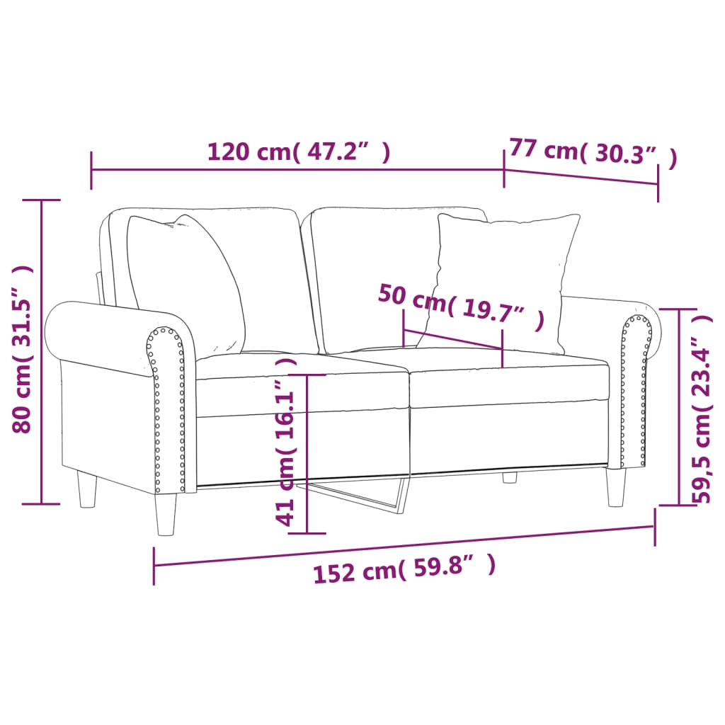 Canapé deux places avec coussins décoratifs 140 cm velours