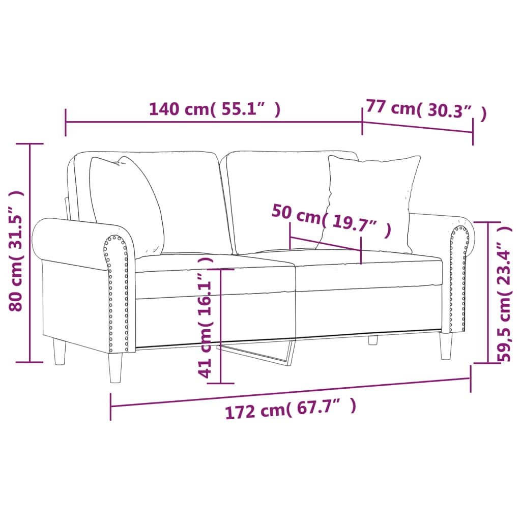 Canapé deux places avec coussins décoratifs 140 cm velours