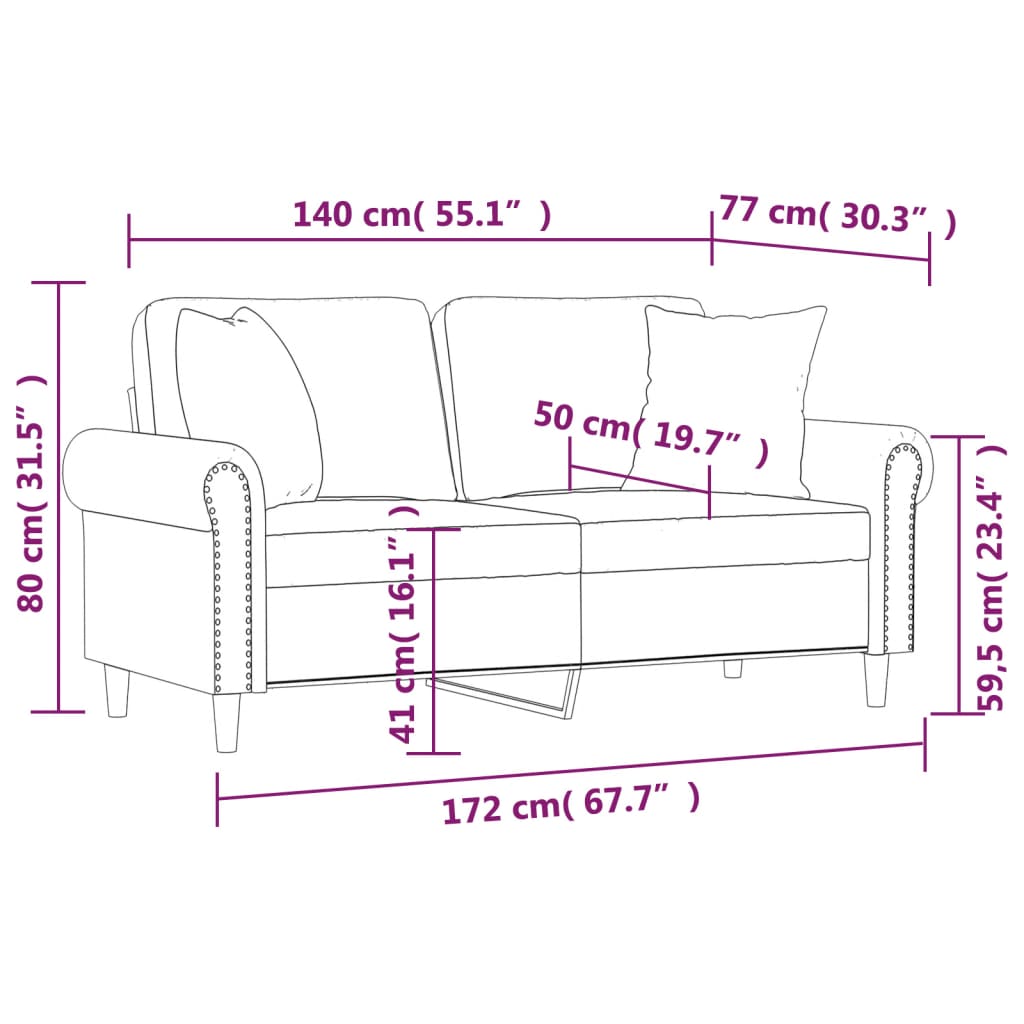 Canapé deux places avec coussins décoratifs 140 cm velours