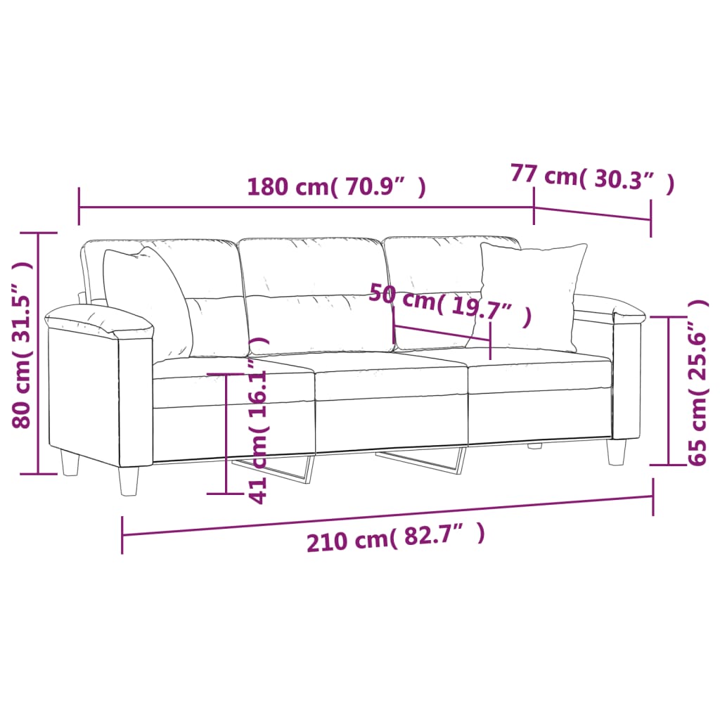 Driezitsbank met kussens 180 cm microvezelstof