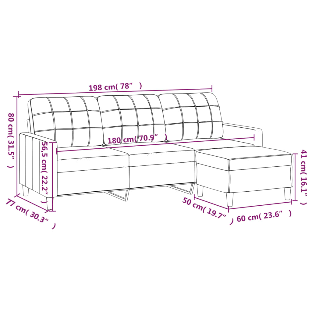 Canapé trois places avec repose-pieds 180 cm en tissu