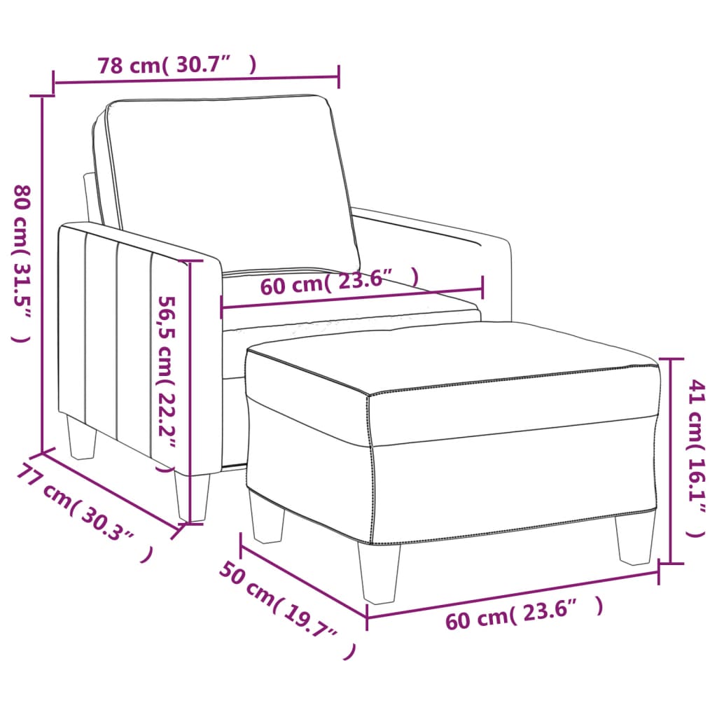 Fauteuil avec repose-pieds 60 cm tissu gris clair