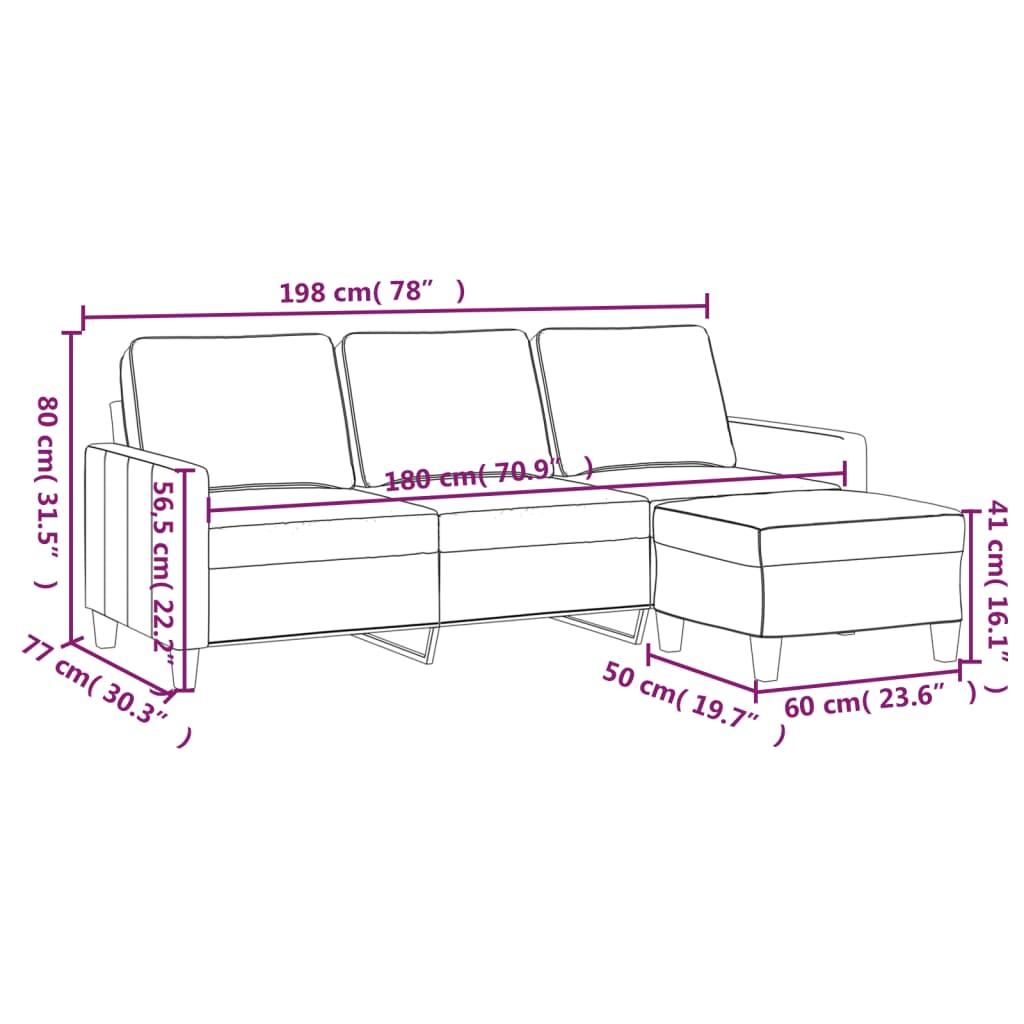 Driezitsbank met voetenbank 180 cm stof