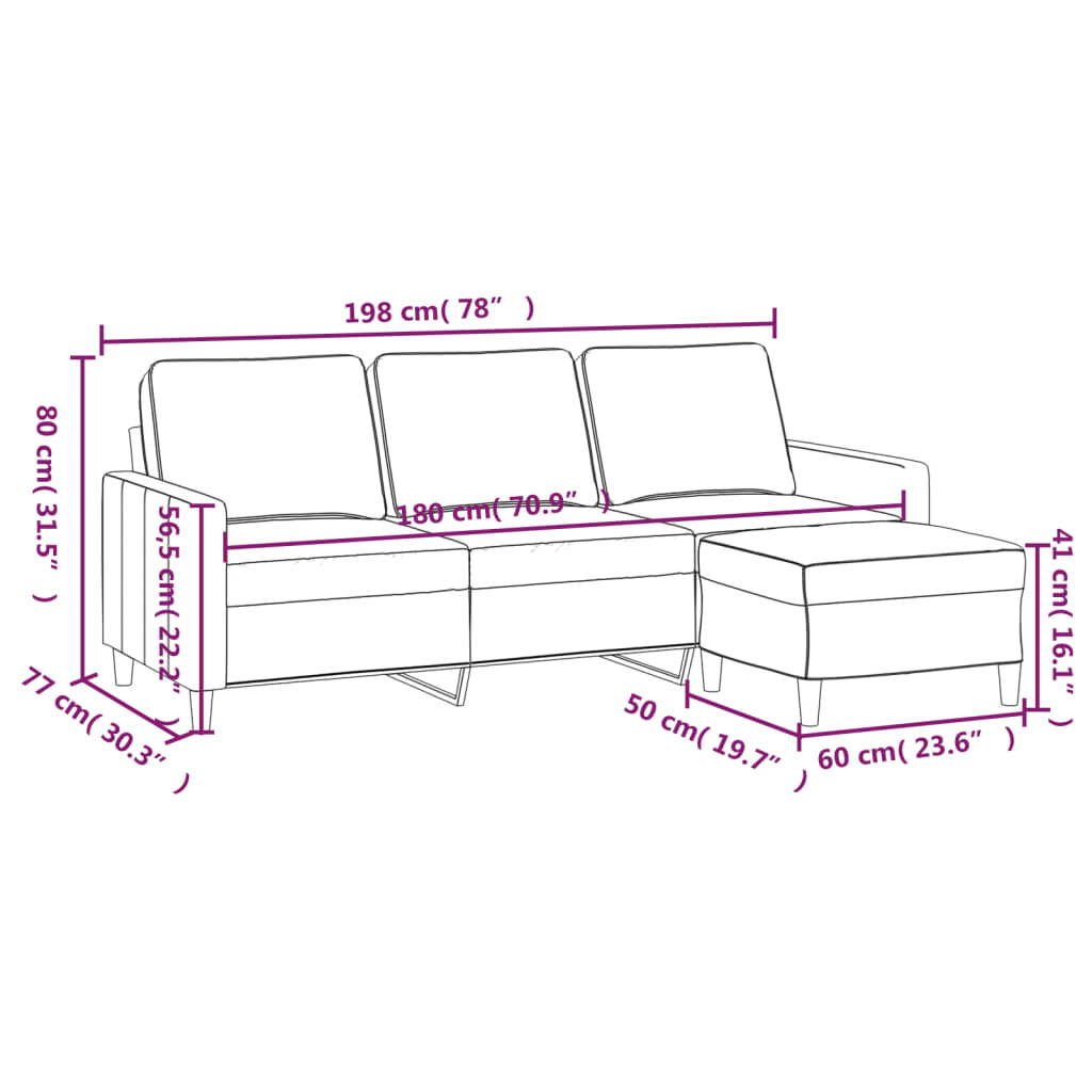 Canapé trois places avec repose-pieds 180 cm velours