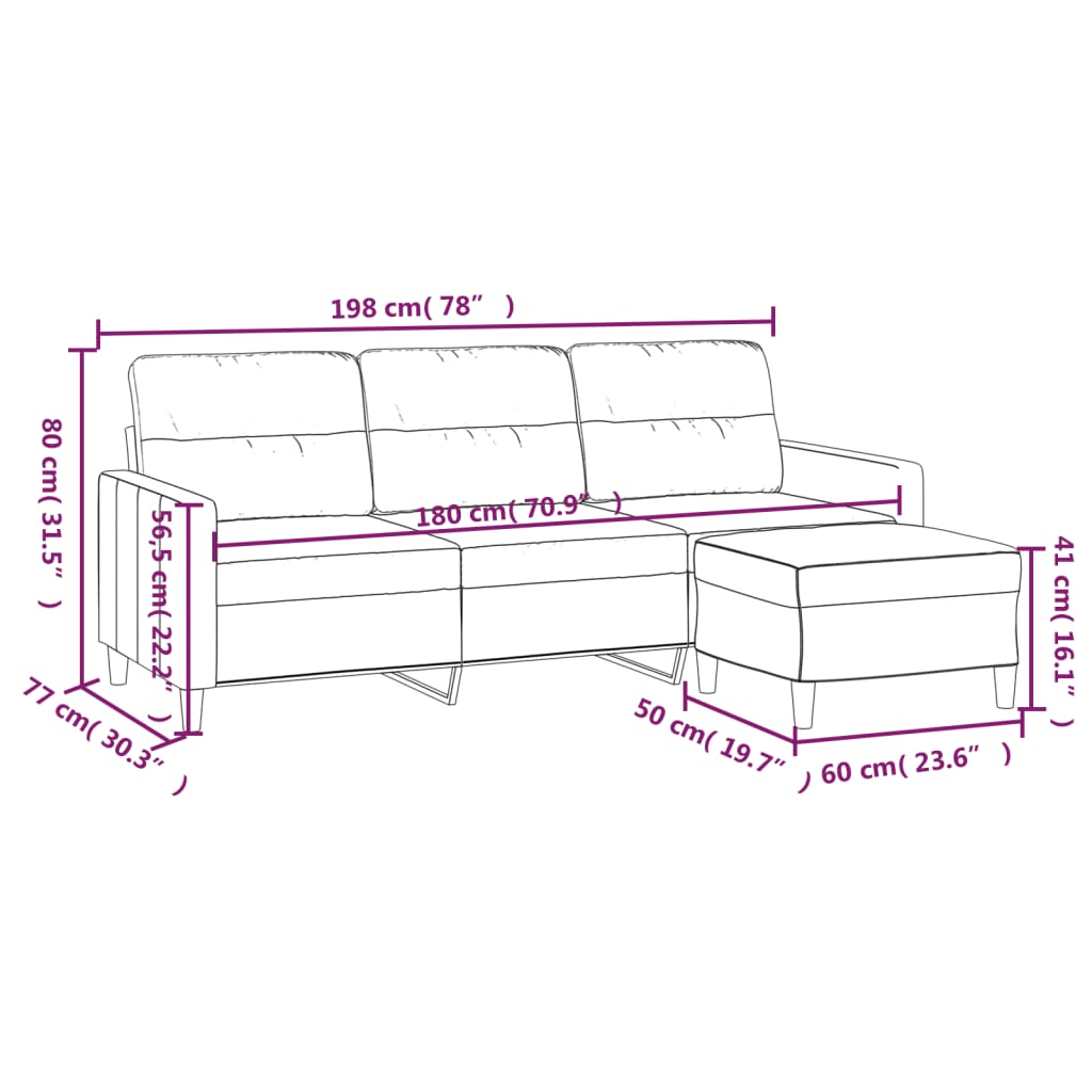 Canapé trois places avec repose-pieds 180 cm en tissu