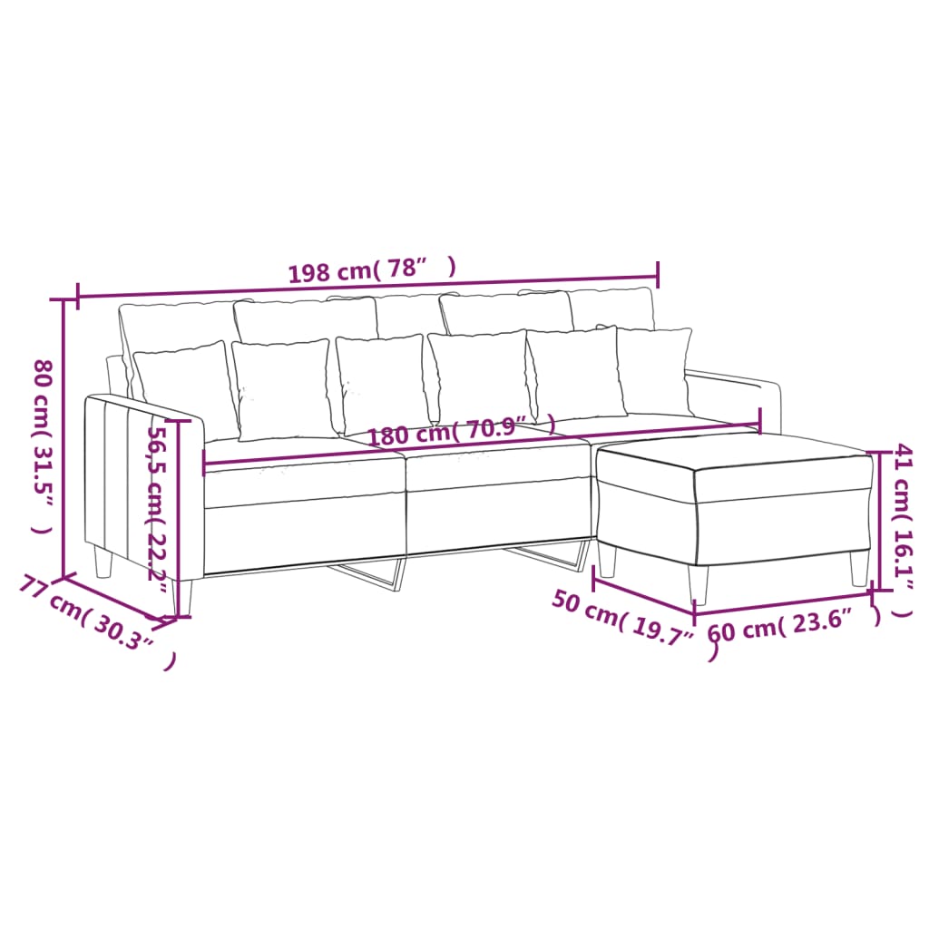 Canapé trois places avec repose-pieds 180 cm velours