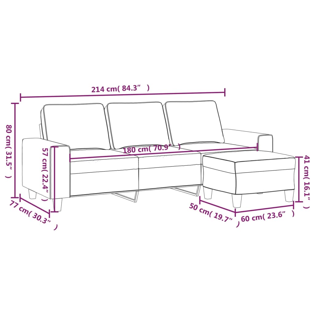 Canapé trois places avec repose-pieds 180 cm en tissu