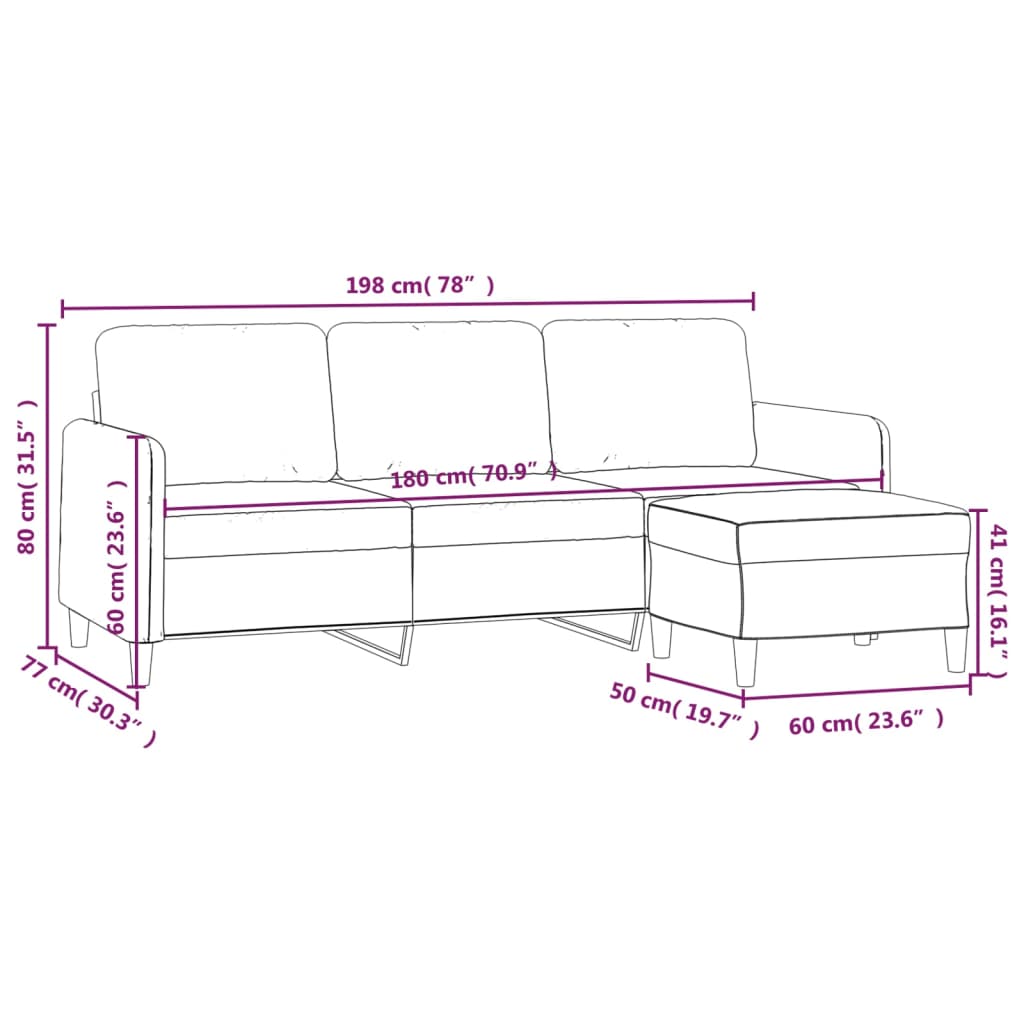 Canapé trois places avec repose-pieds 180 cm velours