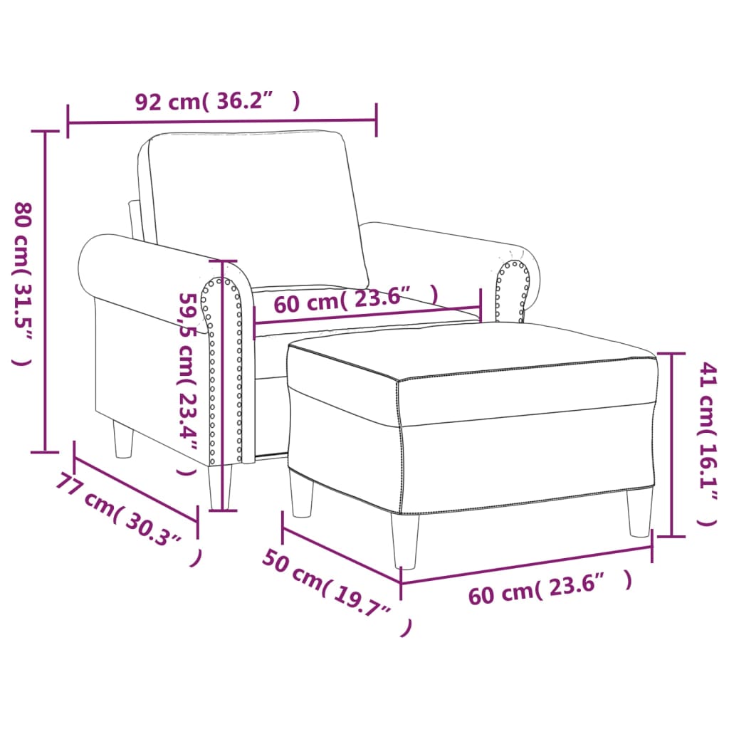 Fauteuil met voetenbank 60 cm kunstleer crèmekleurig