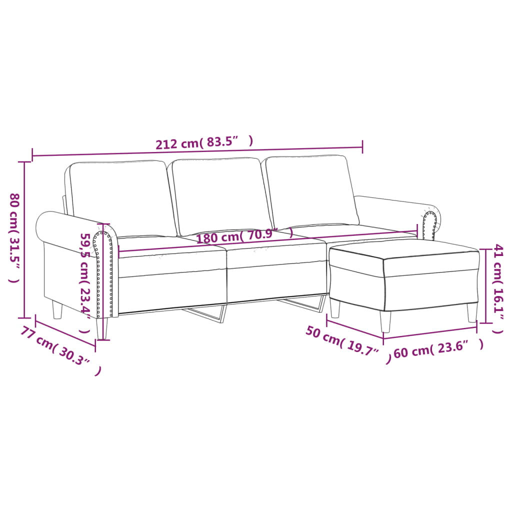 Canapé trois places avec repose-pieds 180 cm velours marron