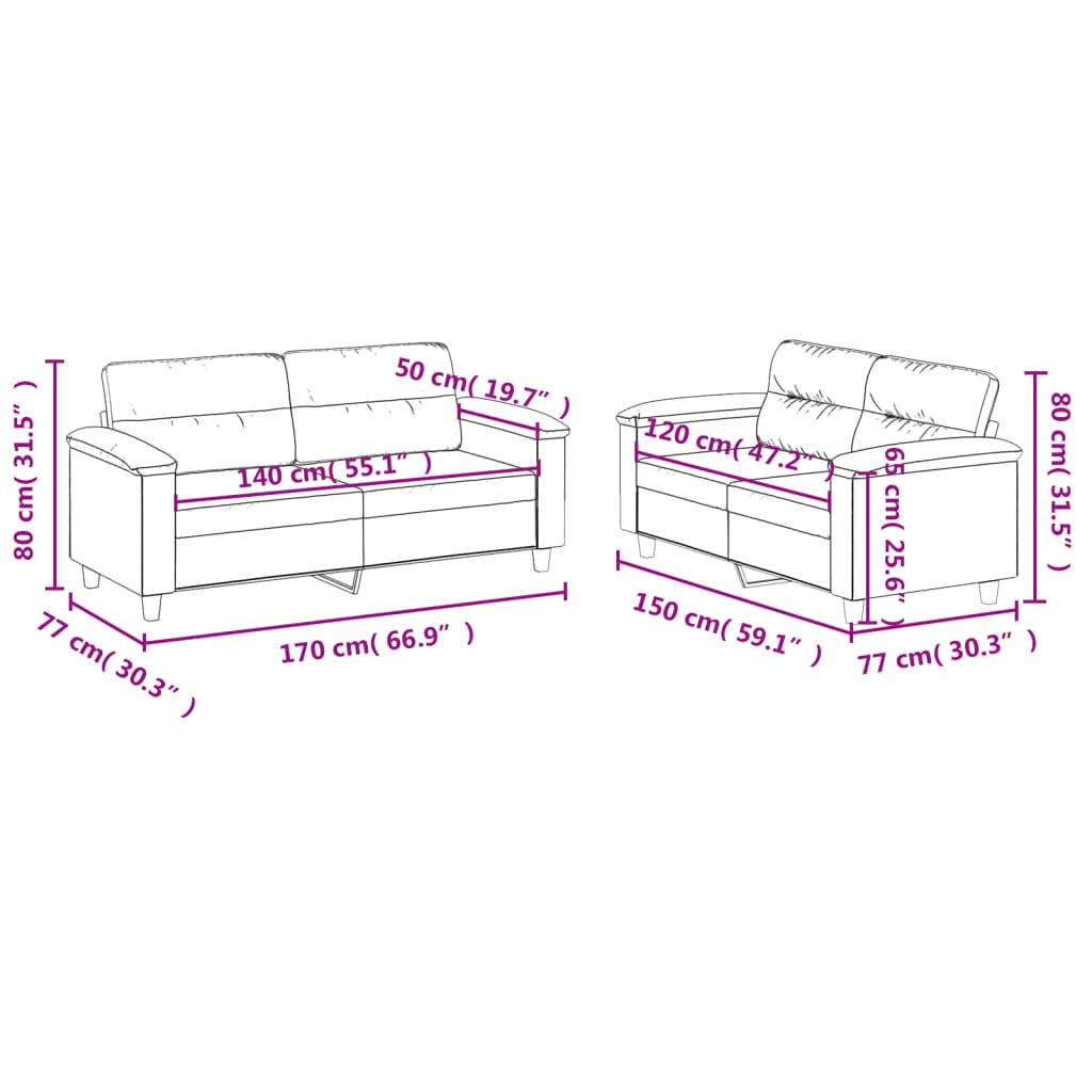 2-delige Loungeset met kussens microvezelstof crèmekleurig