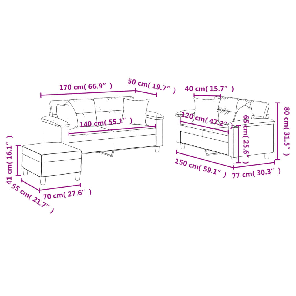 3-delige Loungeset met kussens microvezelstof