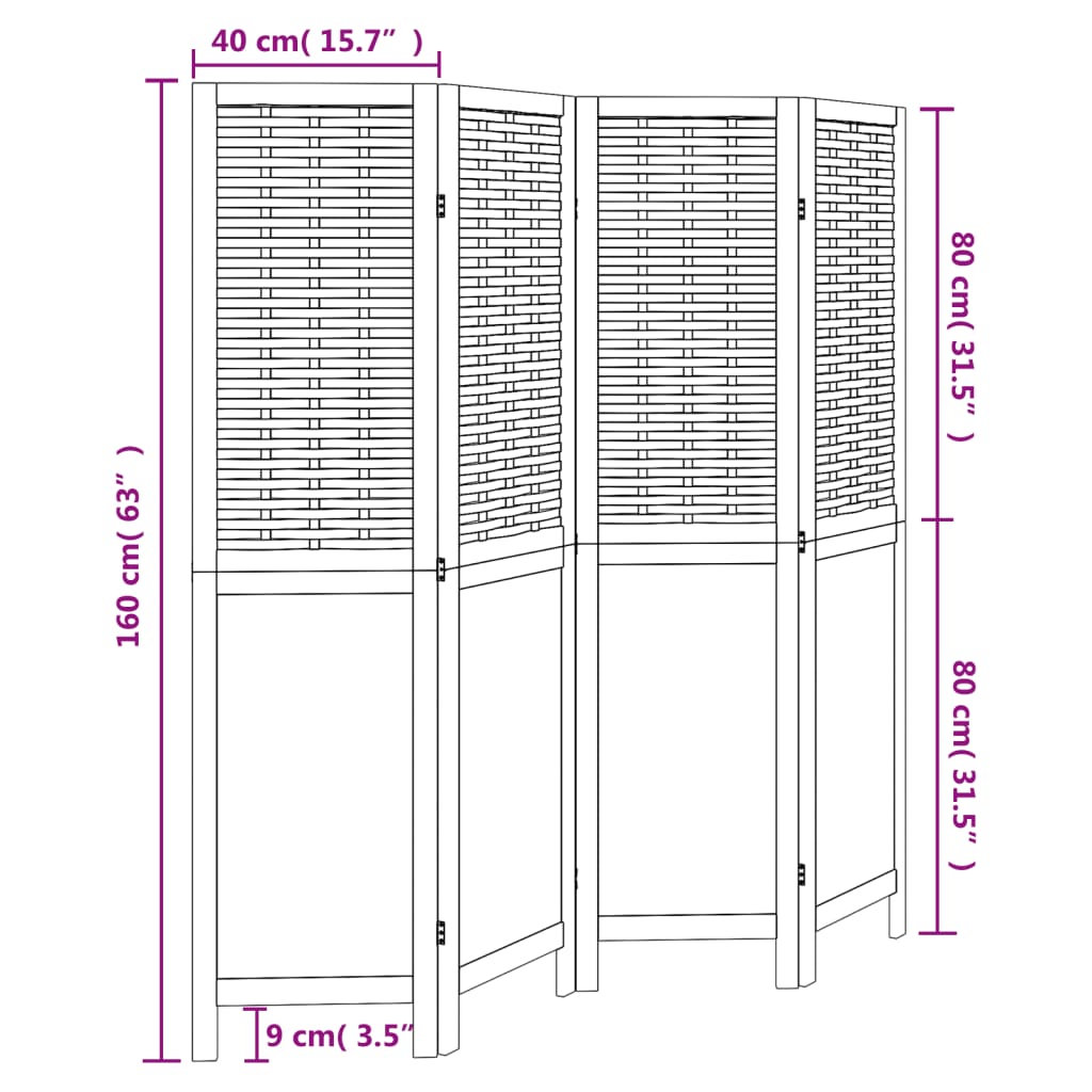 Kamerscherm met 4 panelen massief paulowniahout wit