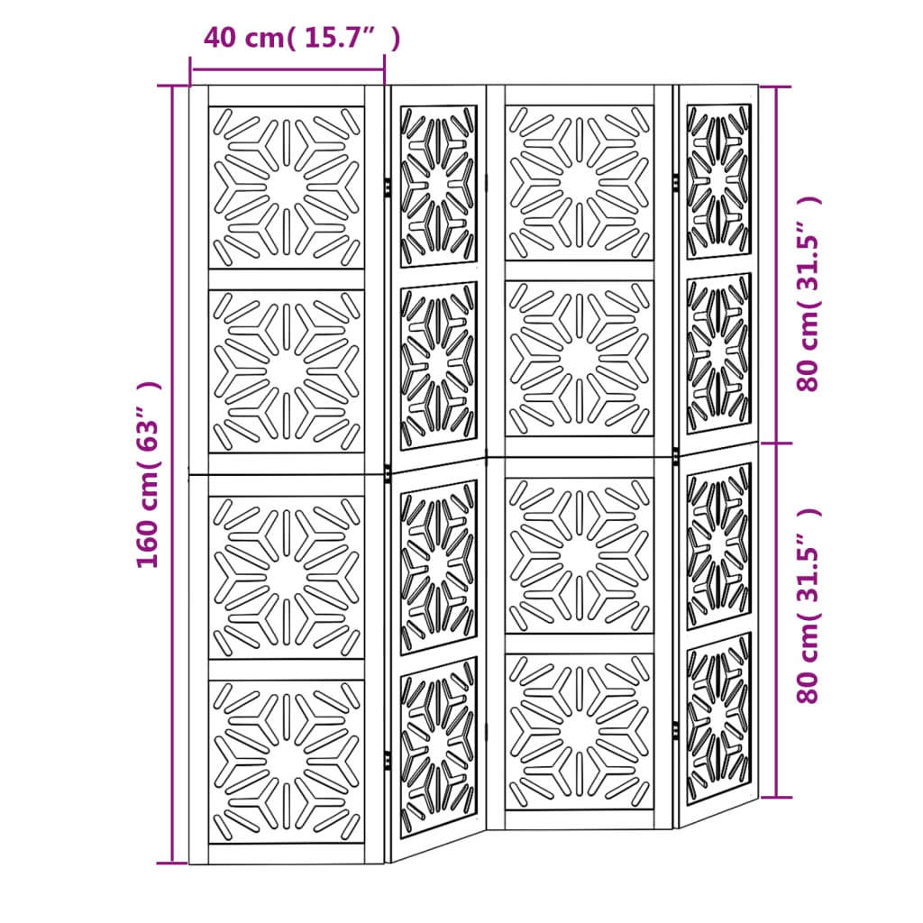 Kamerscherm met 5 panelen massief paulowniahout bruin en zwart