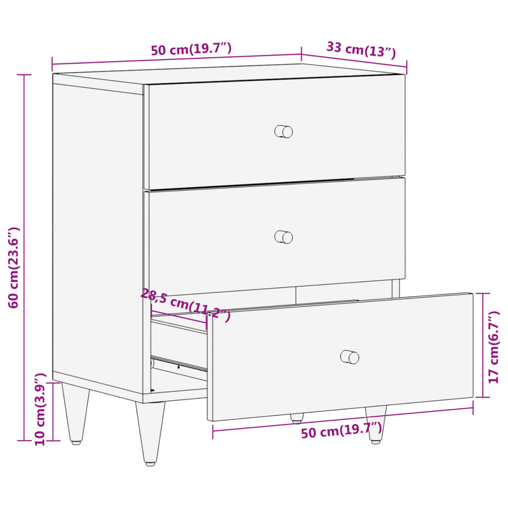 Table de chevet 50x33x60 cm en bois de manguier massif