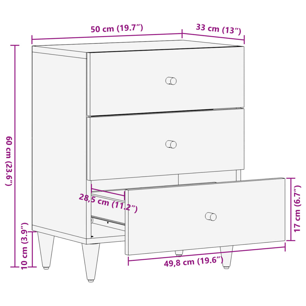 Table de chevet 50x33x60 cm en bois de manguier massif