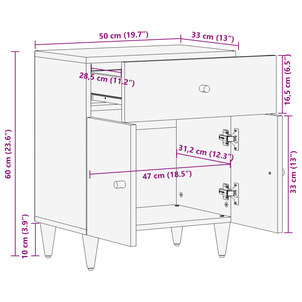 Table de chevet 50x33x60 cm en bois de manguier massif